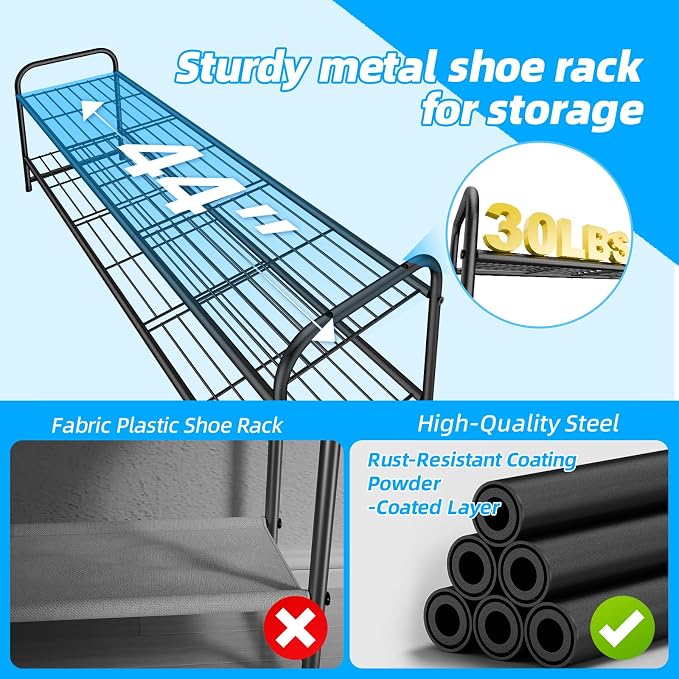 2 Tier Shoe Rack for Closet, 44 Inch Extra Wide Shoe Storage Organizer for Shelves, Heavy Duty Metal, Easy Assembly, Black