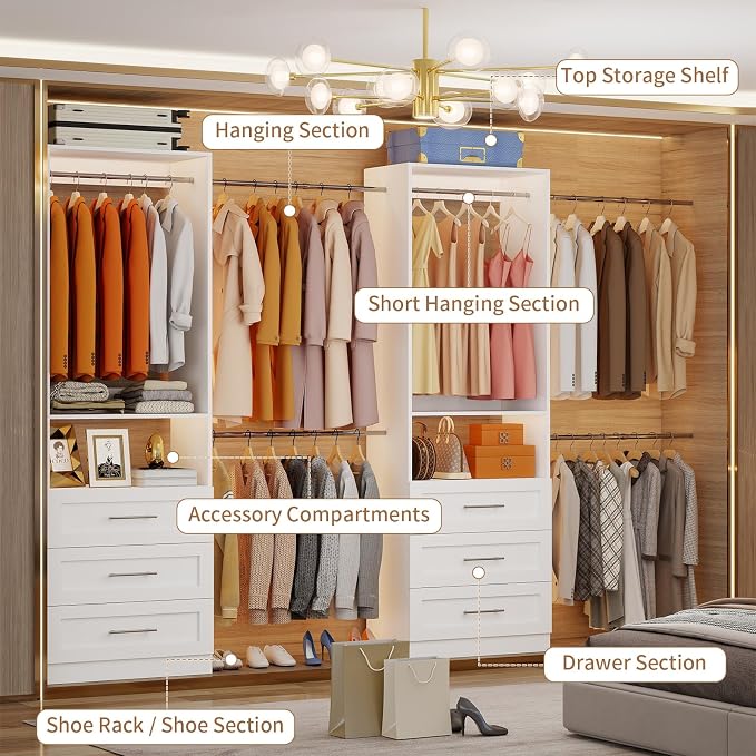 Westcity Closet System with 6 Drawers, 4FT-15FT 2-Piece Closet System, Walk in Closet Organizer System, Modular Closet System with 10 Adjustable Hanging Rods & Shelves, Closet Storage System, White