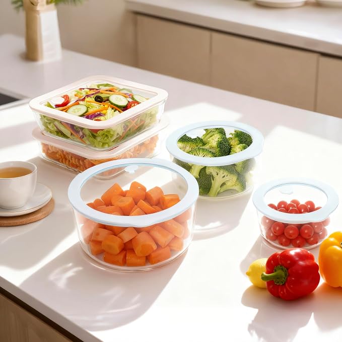 Glass Food Container Set with Glass Lid, 5 Pack, Meal Prep Containers with Silicone Framed Airtight Lid, Leakproof, 100% Plastic Free