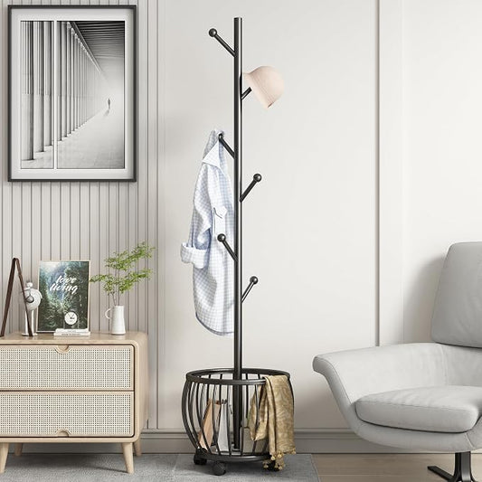 Coat Rack Freestanding Coat Stand with Basket 6 Hooks Wheels,Black | Metal Coat Rack Stand Coat Tree for Home Entryway Bedroom Living Room Office Corner Modern Organizer for Scarf Jacket Hat Bag
