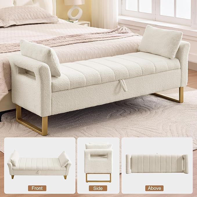 66" King Size Storage Bench for Bedroom End of Bed Benches with Storage | Bedroom Benches for Foot of Bed King with Gold Legs,2 Pillows,Storage Ottoman Bench for Bedroom,Entryway Teddy Ivory White