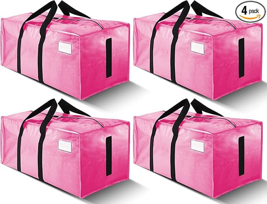 HOMESURE Supports 200lbs Heavy Duty Moving Bags - Strong Zipper & Wrap-Around Handles - Water-Resistant Storage Totes, Durable Alternative to Moving Boxes - 4 Pack - Pink