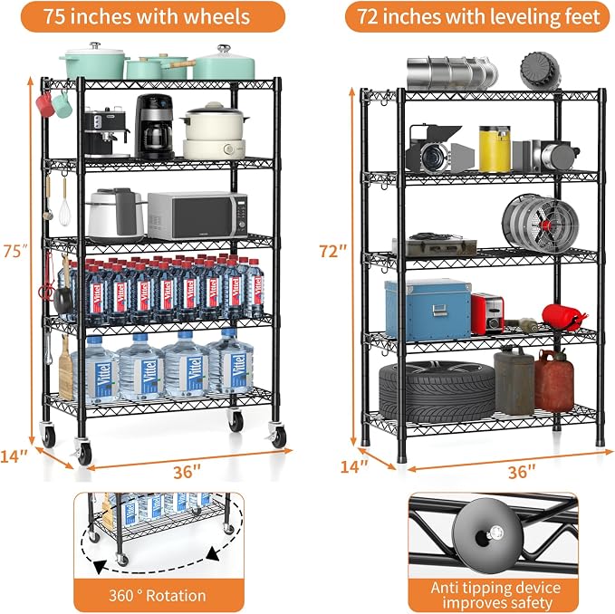 Hodonas Wire Shelving, 1900lbs Capacity 5 Tier Heavy Duty NSF Wire Shelf with Rolling Wheels Black Metal Storage Shelves Adjustable Wire Rack Unit 36"W x 14"D x 72"H for Kitchen Bathroom Garage Closet | 5 Tiers, Adjustable Metal Shelves, with Leveling ...