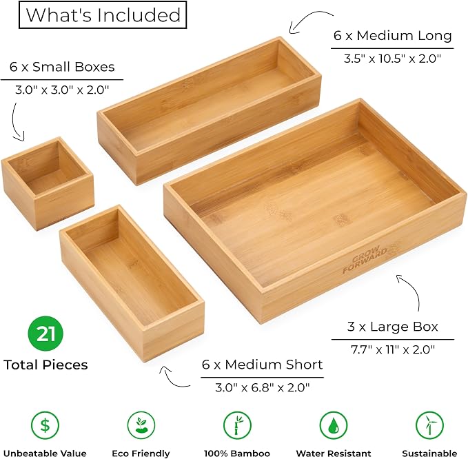 Grow Forward Bamboo Drawer Organizer Boxes - Set of 21 Wooden Drawer Organizers for Kitchen, Bathroom, Office, Desk, Vanity, Makeup - Non-Slip Junk Drawer Organizer Trays for Storage and Organization
