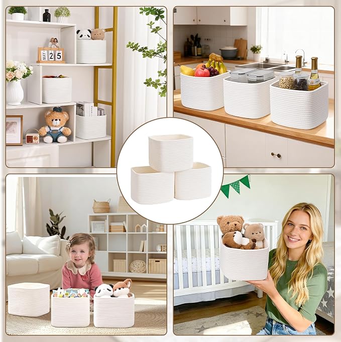 3 Pack Cube Storage Bin, 9”x9”x7” Cotton Rope Woven Baskets for Organizing Toys Clothes Towels, Square Gift Storage Baskets for Shelves, Nursery, Closet, Bathroom, Pantry (White)