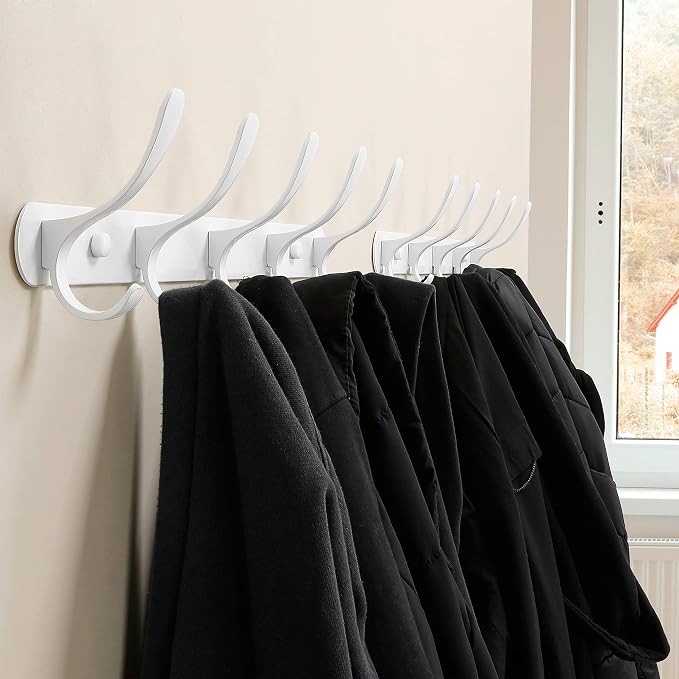 SKOLOO Coat Rack Wall Mount White- Modern, Metal Wall Coat Rack with 5 Hooks, Pack of 2, Sturdy Wall Mounted Coat Hooks for Hanging Coat, Jacket, Clothes, Hats