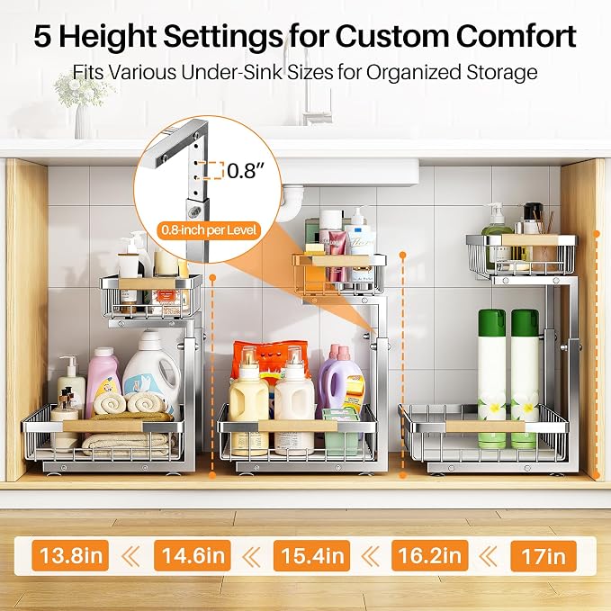 PXRACK Under Sink Organizer, Adjustable Height, 2 Tier Pull Out Cabinet Organizer, Slide Out Thickened Metal Storage for Kitchen Bathroom Laundry Pantry Cabinet, Stainless Steel, Silver, Large-2-Pack