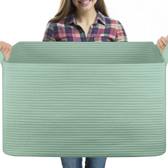 OIASKET 95L Extra Large Blanket Basket, 24" x 16.9" x 14.2" Woven Storage Basket for Living Room, Rectangle Nursery Blanket Storage for Toys, Towels, Dirty Clothes (Green)