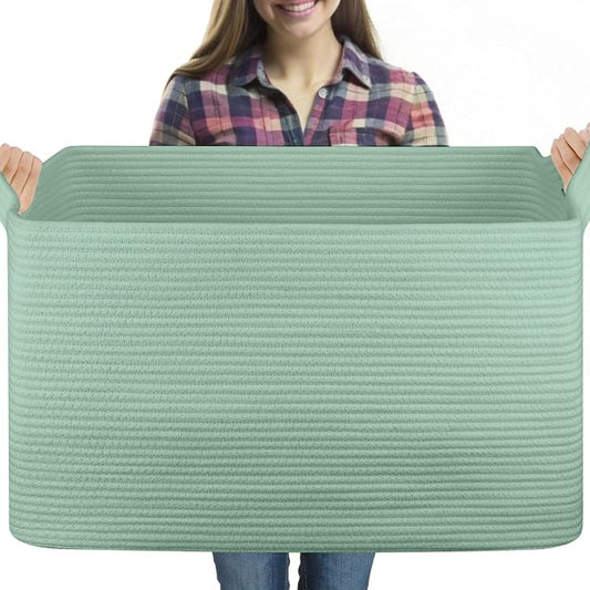 OIASKET 95L Extra Large Blanket Basket, 24" x 16.9" x 14.2" Woven Storage Basket for Living Room, Rectangle Nursery Blanket Storage for Toys, Towels, Dirty Clothes (Green)