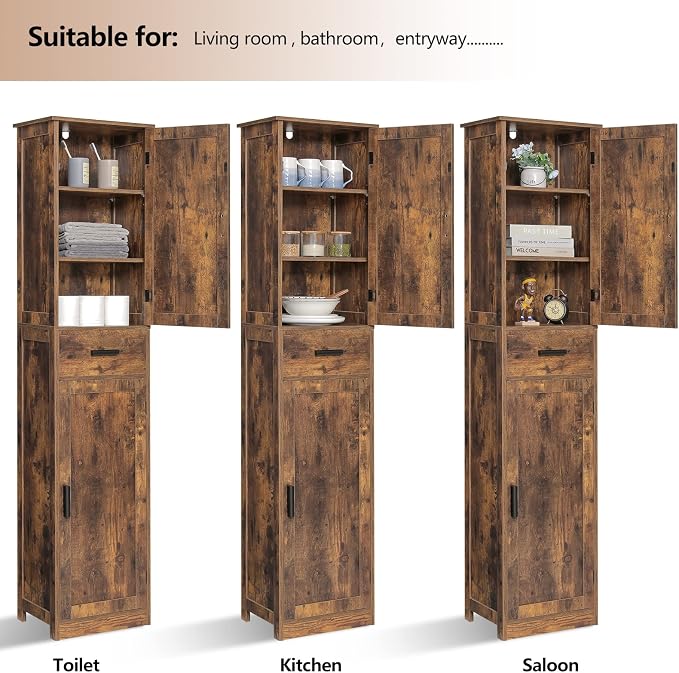 usikey 67'' Tall Storage Cabinet with Adjustable Shelves & 2 Doors, Bathroom Cabinet with 1 Drawer, Narrow Tall Cabinets for Living Room, Home Office, Rustic Brown