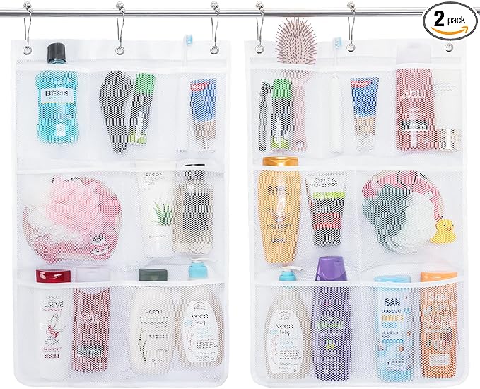 Lifewit Cruise Essentials Shower Caddy Must-Have, 7 Pockets Hanging Bathroom Organizer with Quick-Dry Mesh, Portable Shower Bag to Storage Soap, Shampoo, for RVing, Travel, Camping, White, 2 Packs