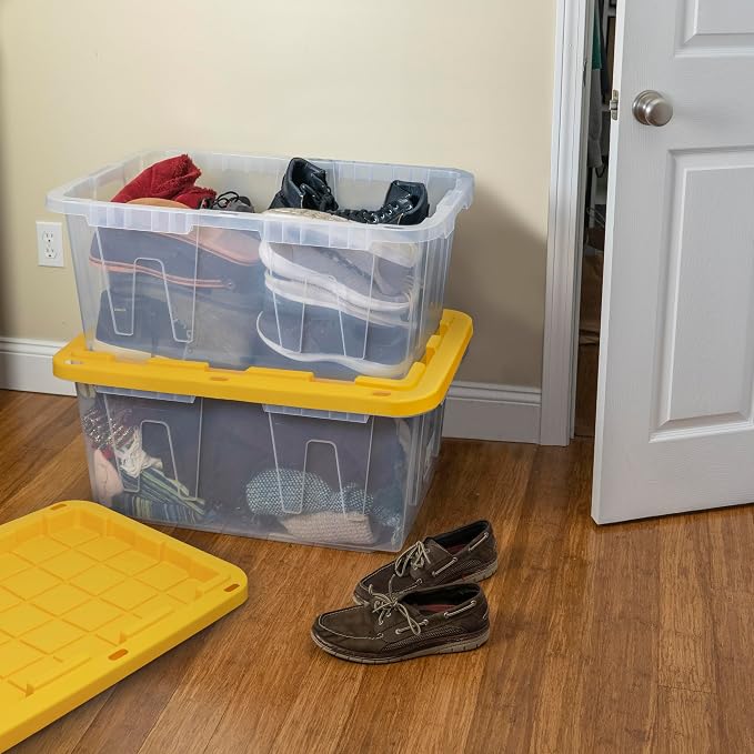 CX 27-Gallon Heavy Duty Clear Stackable Storage Bins with Lids, 2 Pack Clear/Yellow