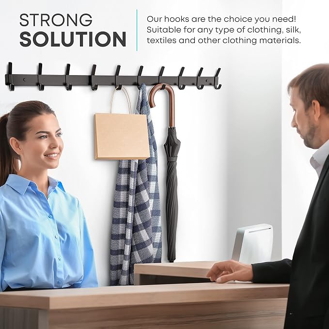 Coat Rack Wall Mount – 30 Inch Stainless Steel Hook Rail with 10 Double Coat Hooks for Hanging – Wall Mounted Entryway Organizer for Coats, Hats, Bags, Towels, Robes, Closet or Bathroom - Black 2 Pack