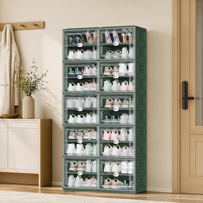 Foldable Shoe Cabinet with Magnetic Clear Doors, Wide Design Shoe Rack for Entryway, Portable Shoe Organizer Meeting Diverse Storage Needs (Green, 2Row 10Tier)