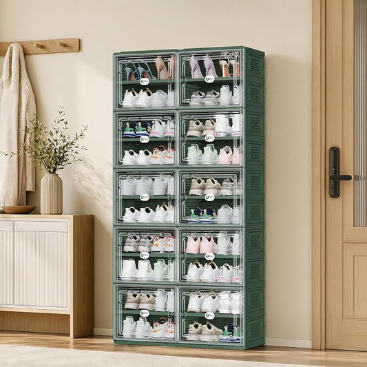 Foldable Shoe Cabinet with Magnetic Clear Doors, Wide Design Shoe Rack for Entryway, Portable Shoe Organizer Meeting Diverse Storage Needs (Green, 2Row 10Tier)