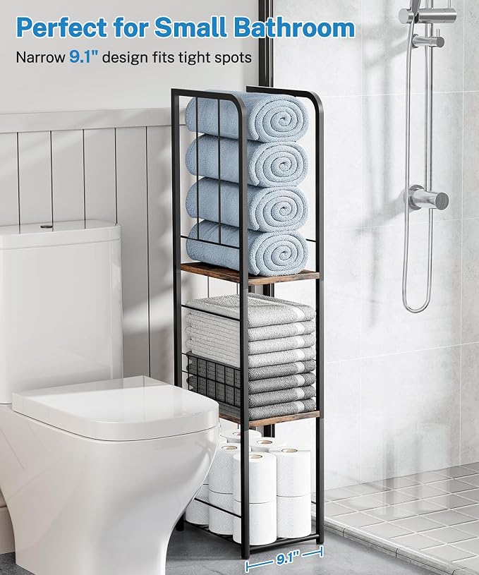 KIMBORA Narrow Towel Storage for Bathroom, 3-Tier Free Standing Bathroom Towel Rack Organizer with Shelf for Small Bath, Pool, Brown