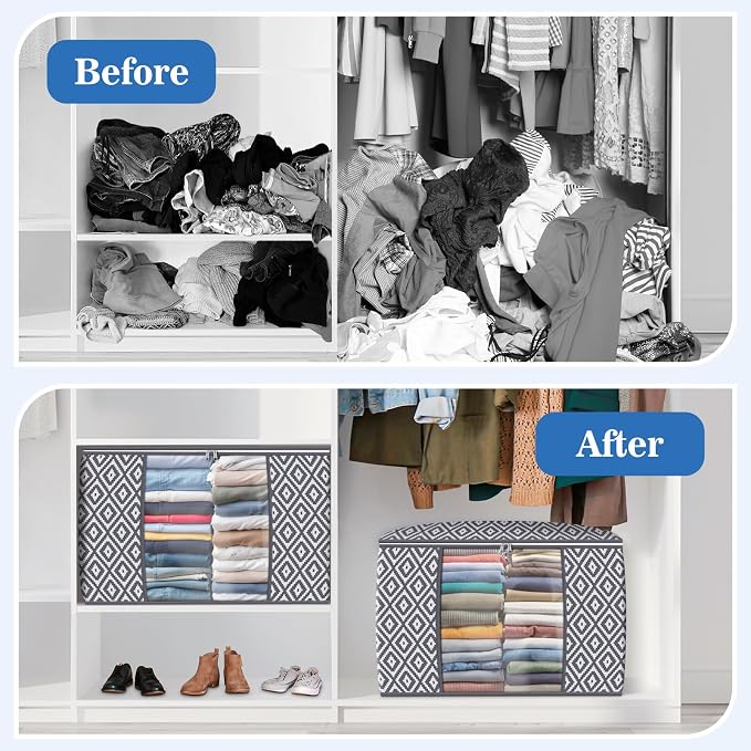 100L 6 Pack Storage Bags, Foldable Clothes Bins with Clear Window, Gray | 100L 6 Pack Storage Bags, Foldable Clothes Bins with Clear Window, Gray