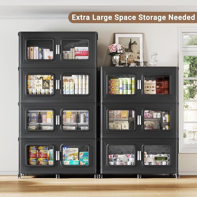 BROVIEW 300 Qt/75 Gal Stackable Storage Bins with Lids, 1 Pack, Black | Large Stackable Storage Boxes w/ 1 Lid Folding Plastic Cart Organizer for Home Kitchen, Open Front Clear Door with Wheels