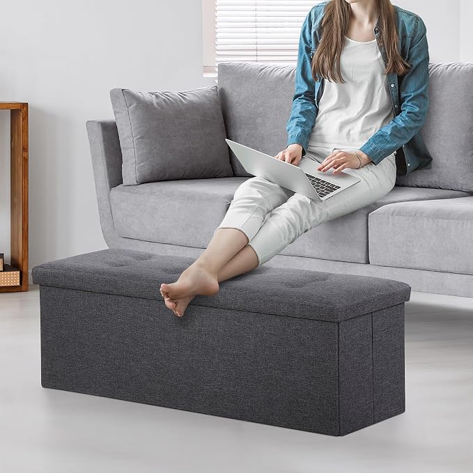ZenStyle 43Inches Storage Ottoman Bench, Folding Footrest Padded Seat, Storage Chest Long Shoes Bench with Divider, Holds up to 660 lbs, for Living Room, Entryway, Bedroom, Dark Gray