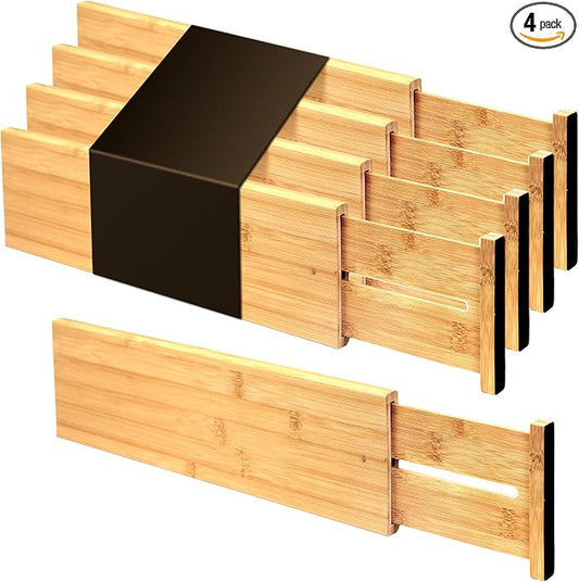 Utoplike Bamboo Drawer Dividers Large, 4" High Kitchen Drawers Organizer | Adjustable, Spring Loaded, Works in Bathroom, Bedroom, Dresser, Office, 4pcs for Clothing, Fit for 18.6"-20.6" Inner Drawer