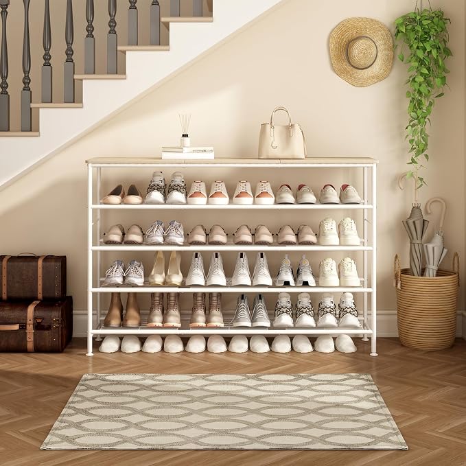 SUOERNUO 5 Tier Extra Long Shoe Rack Organizer Storage for Closet Entryway | Large Capacity Shelf,MDF Top Board,Sturdy Metal Frame,Ideal for Living Room,Hallway White