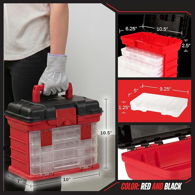 Stalwart Portable Tool Box Small Parts Organizer with Drawers, Red | Customizable Compartments for Hardware, Fishing Tackle Box, Beads, or Craft Supplies