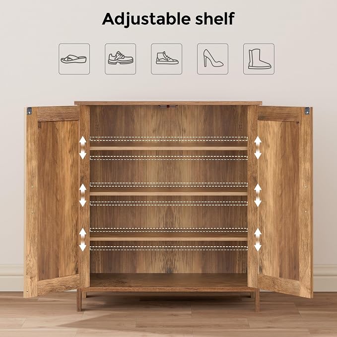 Homleke Farmhouse Shoe Cabinet with 2 Barn Doors & Wood Legs | Tall 4-Tier Shoe Storage Cabinet, 3 Adjustable Shelves, Shoe Rack Organizer, for Entryway, Hallway, Closet, Rustic Walnut