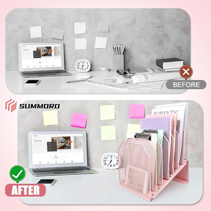 SUMMORO Inclined File Organizer for Desk, 7-Tier Vertical File Folder Holder Office Desk Organizer Metal Rack File Wire Mesh Desktop Document Sorter for Office School Classroom Home (Pink)