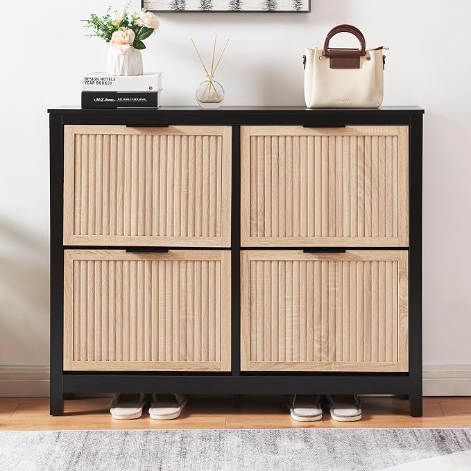 4-Flip Drawer Shoe Cabinet Narrow Entryway Rack, Oak & Black | Vertical Wood Grain, Metal Handles, Adjustable Compartments, Removable Shelf, Anti-Tip Device, for Hallway Foyer Entryway