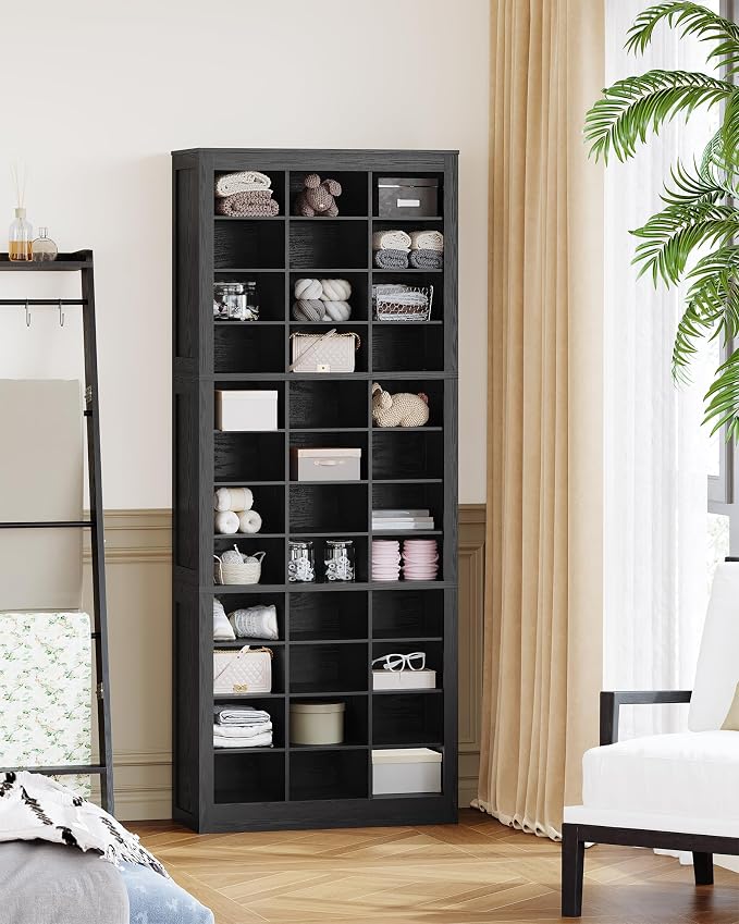 Hzuaneri Shoe Storage Cabinet, 36 Pairs Free Standing Closet Organizer, 9 inch Widened Cell Wood Shoe Organizer, 12 Tiers Vertical Space Saving Shoe Rack for Entryway, Cloakroom, Black SR20704X