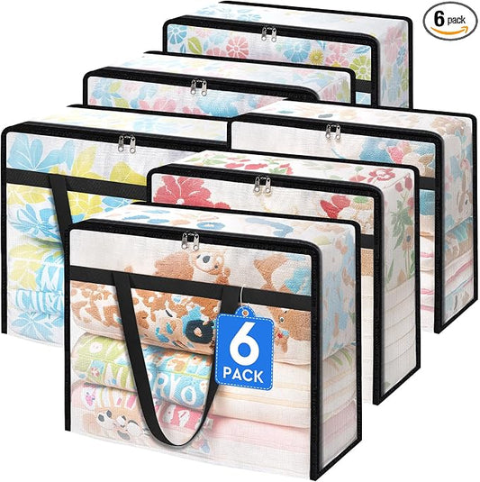 BlissTotes 6 Pack Clear Clothes Storage Bags, Moving Bags, Foldable Blanket Storage Under Bed Storage Containers with Sturdy Zipper and Handle for Clothing, Comforter, Bedding, Sheet (40L)