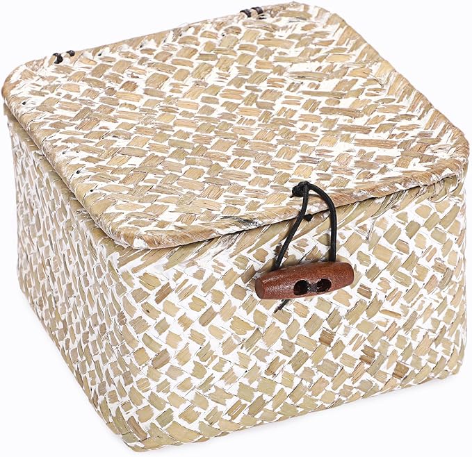 Hipiwe Small Seagrass Basket with Lid Handwoven Decorative Shelf Basket Mini Wicker Storage Box Multipurpose Desktop Organizer for Key Hair Ties, Whitewash 4.7" x 4.7" x 3"