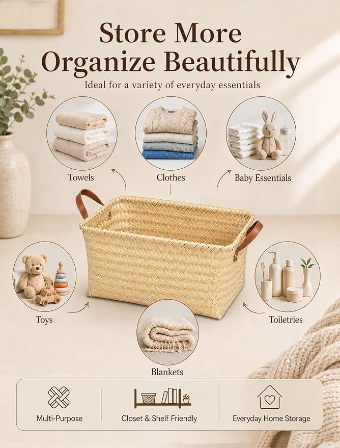 Wicker Storage Baskets, 4 Pack Woven Baskets for Shelves, Yellow | PP Rattan, Water-resistant Wicker Basket, Large Baskets with Faux Leather Handles for Blanket, Laundry Organizer, Room Decor