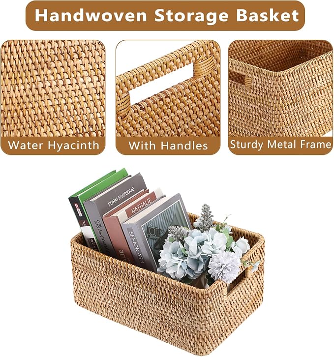 Hipiwe Rattan Wicker Basket for Shelf Organizer Natural Basket with Handles | Handwoven Open Storage Bin Rectangular Closet Organizer Bin Multipurpose Storage Box, 13.8" x 9.8" x 6.3"