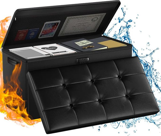 ENGPOW Storage Ottoman Bench,Fireproof Folding Bench with Lock,30 Inches Fire＆Water Resistant Storage Chest Foot Rest Stool Leather Bedroom Bench with Storage Safe for Document,Valuables,Black