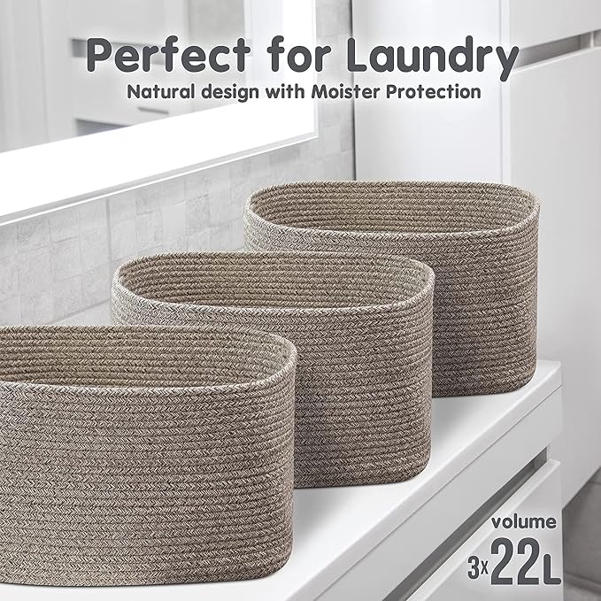 CHAT BLANC Cotton Rope Baskets for Organizing, Shelves, Toys, Storage, Shoe, Bathroom, Laundry, Towel, Nursery, Home Decor, Blanket, Cloth Woven Bins Fabric (Brown, 15"x10"x9")