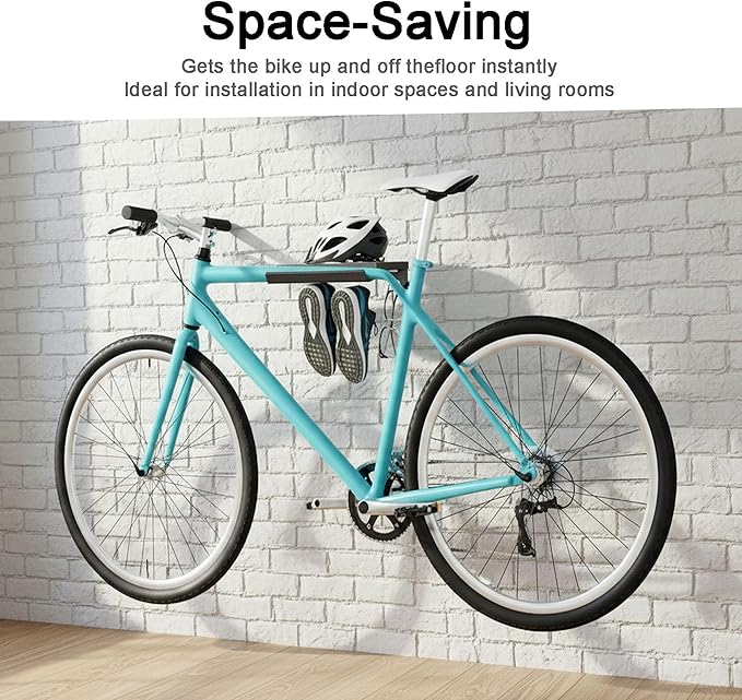 Bike Wall Mount - Horizontal Indoor Bike Rack for Garage Storage | Space Saving Wall Bike Hanger Mount with Holds a Helmet and Shoes, for Road, Mountain and Hybrid Bikes in Garage