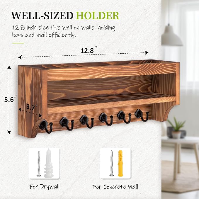 Nekon Key Holder Wall Mount, 12.8" W x 5.6" H x 3.7" D Wall Mounted Key and Mail Organizer with 6 Key Hooks, Key Racks for Home Entryway Decor (Light Brown)