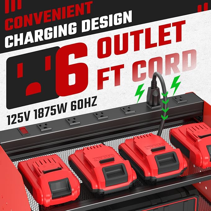 Power Tool Organizer Wall Mount 3 Layer Charging Station with 6 Outlets | Heavy Duty Tool Holder Storage Shelf Rack for Garage, Workbench and Workshop, Black, 4 Drill Holders and Drill Bit Rack, Red