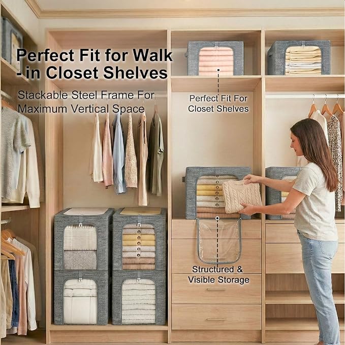 GoMaihe Baby Clothes Storage Bins with Metal Frame 27L 6-Pack Grey | Kids Toddler Child Clothing & Towels Small Items, Closet Top Shelf Boxes, Collapse-Proof Stackable, Clear Window Dual Access