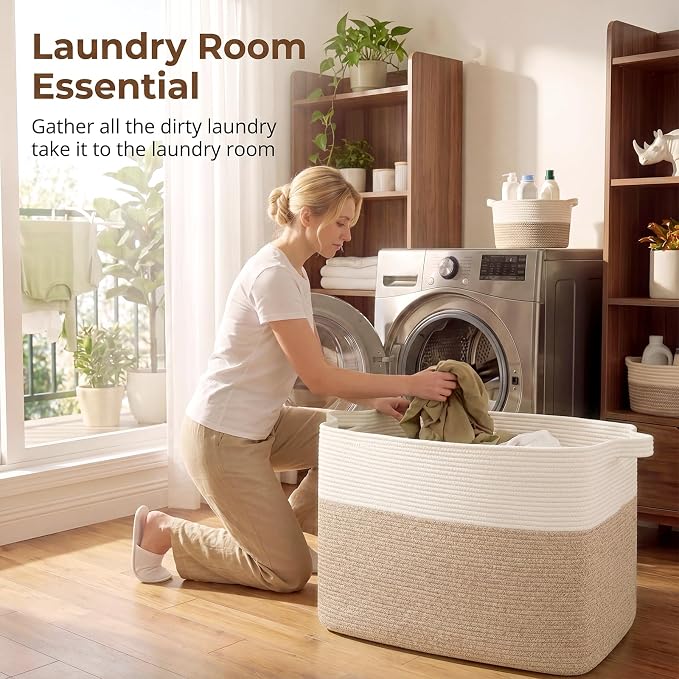 OIASKET 108L Cotton Rope Storage Basket for Living Room and Bedroom 25"x16"x16" Woven Laundry Basket, Heavy Duty Bin for Blankets, Pillows & Toys, Pet-Safe & Scratch-Free, Brown and White