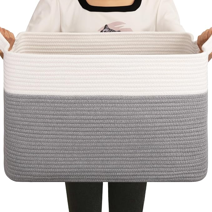 OIAHOMY Large Blanket Basket, 65L Cotton Rope Woven Laundry Basket, Toy Bin for Baby Room, Container for Blanket Storage in Living Room, 20''×16''×12'', Grey & White