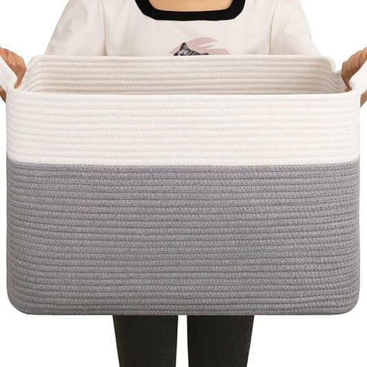 OIAHOMY Large Blanket Basket, 65L Cotton Rope Woven Laundry Basket, Toy Bin for Baby Room, Container for Blanket Storage in Living Room, 20''×16''×12'', Grey & White