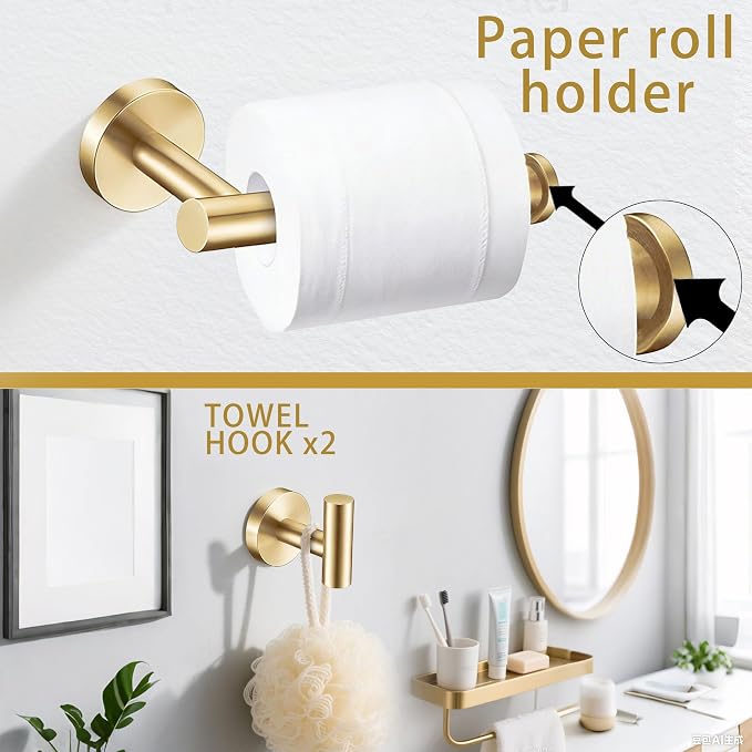 6 Pieces Brushed Gold Bathroom Hardware Accessories Set Hand Towel Ring 16&23.6 inch Round Towel Bar Toilet Paper Holder Towel Hooks 2 Pieces SUS 304 Stainless Steel,Heavy Duty,Wall Mounted