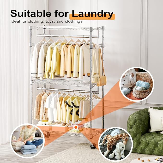 M MZG Heavy Duty Rolling Garment Rack 3 Tiers Adjustable Wire Shelving Clothes Rack with 2 Rods and Side Hooks,Storage Closet Clothing Rack with Wheels Chrome 15.7" D x 29.5" W x 74.5" H