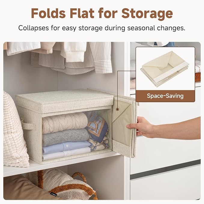 StorageWorks Fabric Storage Bins with Lids, Large Closet Storage Bins | Flip-Top Lid, Clear Window, Handles, Collapsible, for Clothes Blankets Books, Closet Box, Beige, 2-Pack