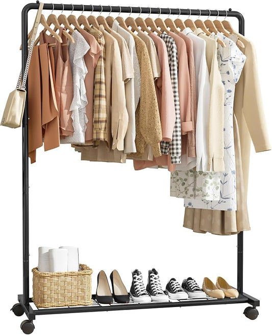 Sakugi Clothes Rack - Clothing Rack with Storage Mesh Shelf & Casters, Heavy-Duty Metal Clothing Rack for Hanging Clothes, Dresses, Coats, Large Load Capacity, Easy Assembly, Black, 44.3"x16.9"x59.0"