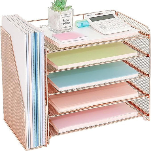 OPNICE Desk Organizer, 5-Tier Paper Organizer Letter Tray with Magazine Holder, Office Desk Accessories & Workspace Organizers, Desktop File Organizer for Office Supplies Storage, Rose Gold