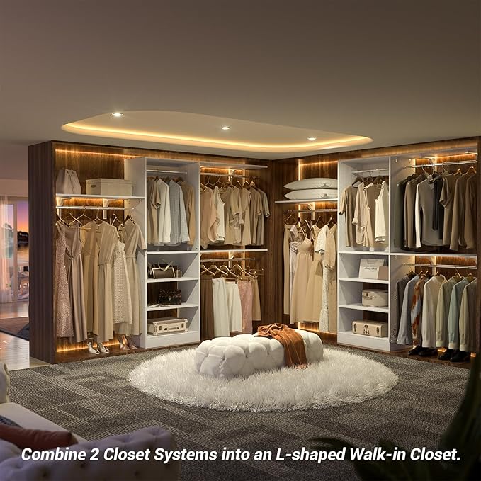 8FT Closet System with 3 Wooden Storage Shelves, 96'' Closet Organizer System with 3 Hanging Rods, Wall Mount Bedroom Wardrobe Walk-in Closet, Adjustable Garment Rack from 5 to 8FT (Cut to Fit), White