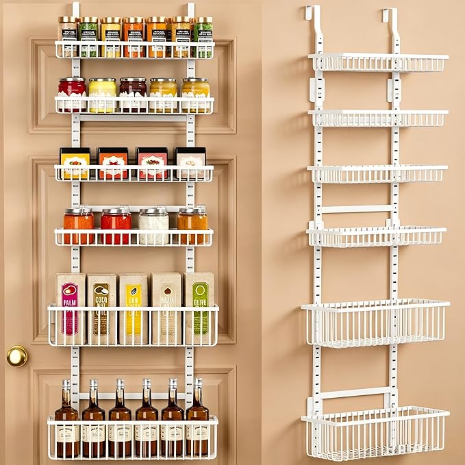 Moforoco Adjustable Over the Door Organizer, Metal Hanging Door Organizer with 5 Wire Basket 7 Hooks, Wall Mounted Shelf for Pantry Laundry Organization and Storage, White